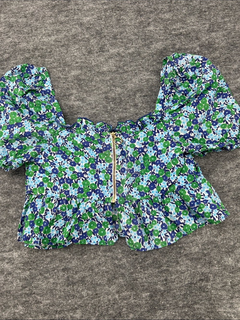 Zara Women’s Blue & Green Floral Puff-Sleeve Crop Top Size Small - Picture 5 of 9